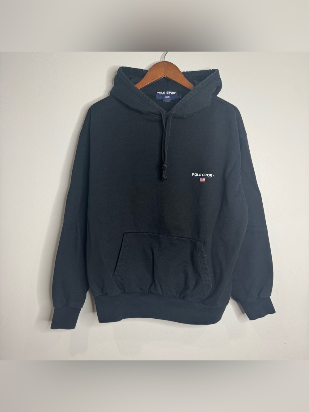 Polo Ralph Lauren Sport Vintage Black Cotton Hoodie Sweatshirt Embroidered Large